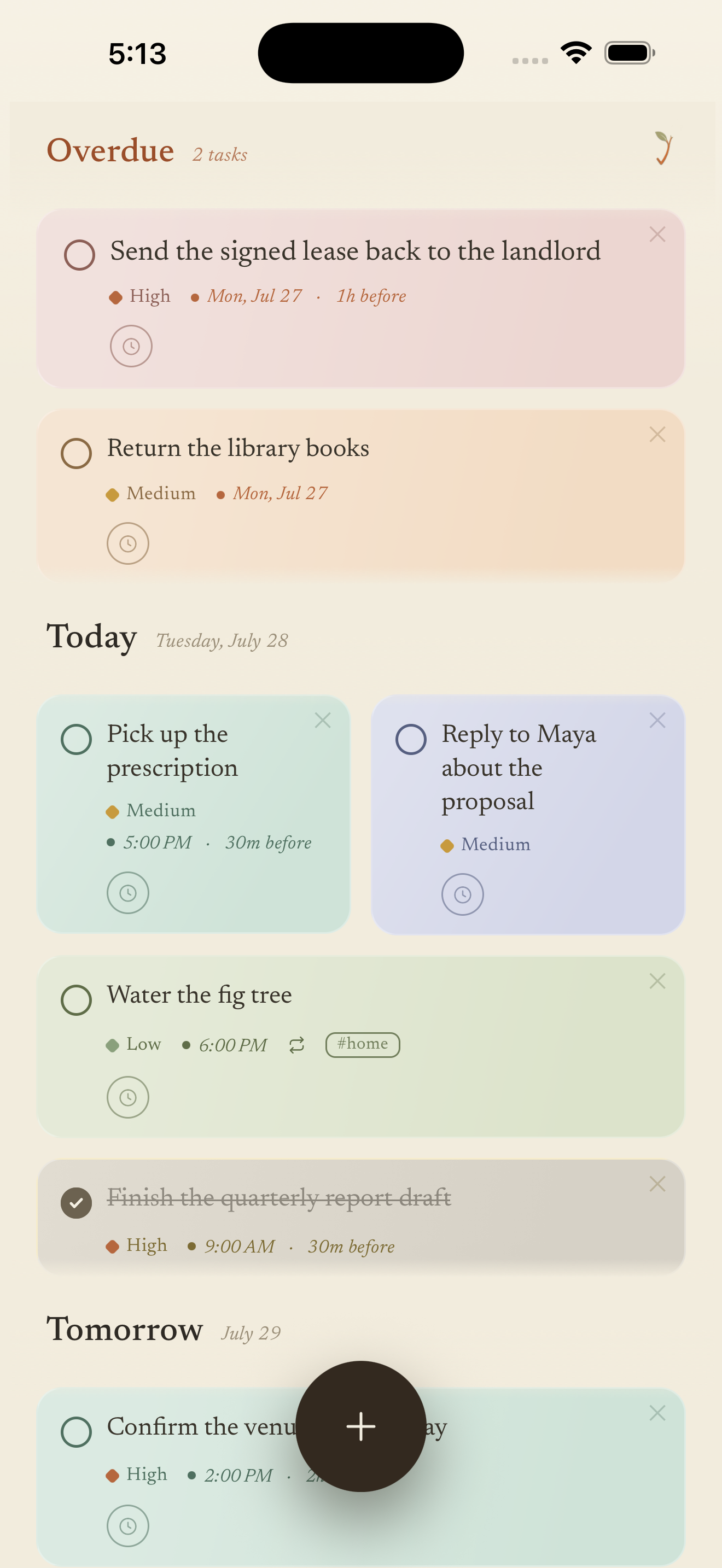 Tend — a calm day of tasks laid out as paper cards