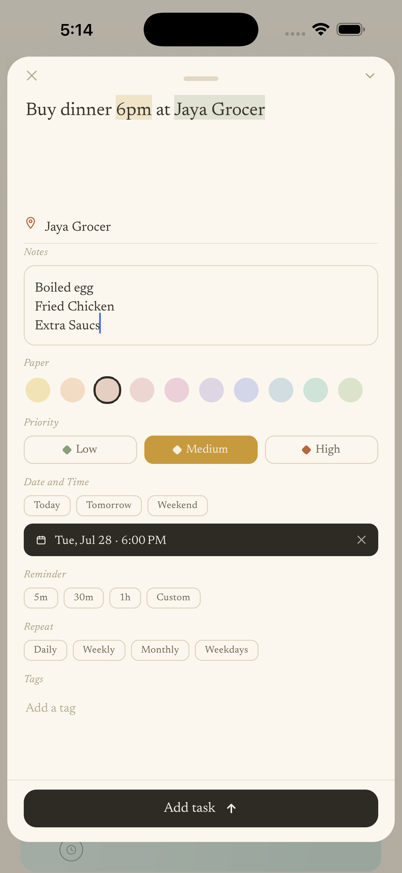 Tend — natural language turns into date, time, place, colour and priority
