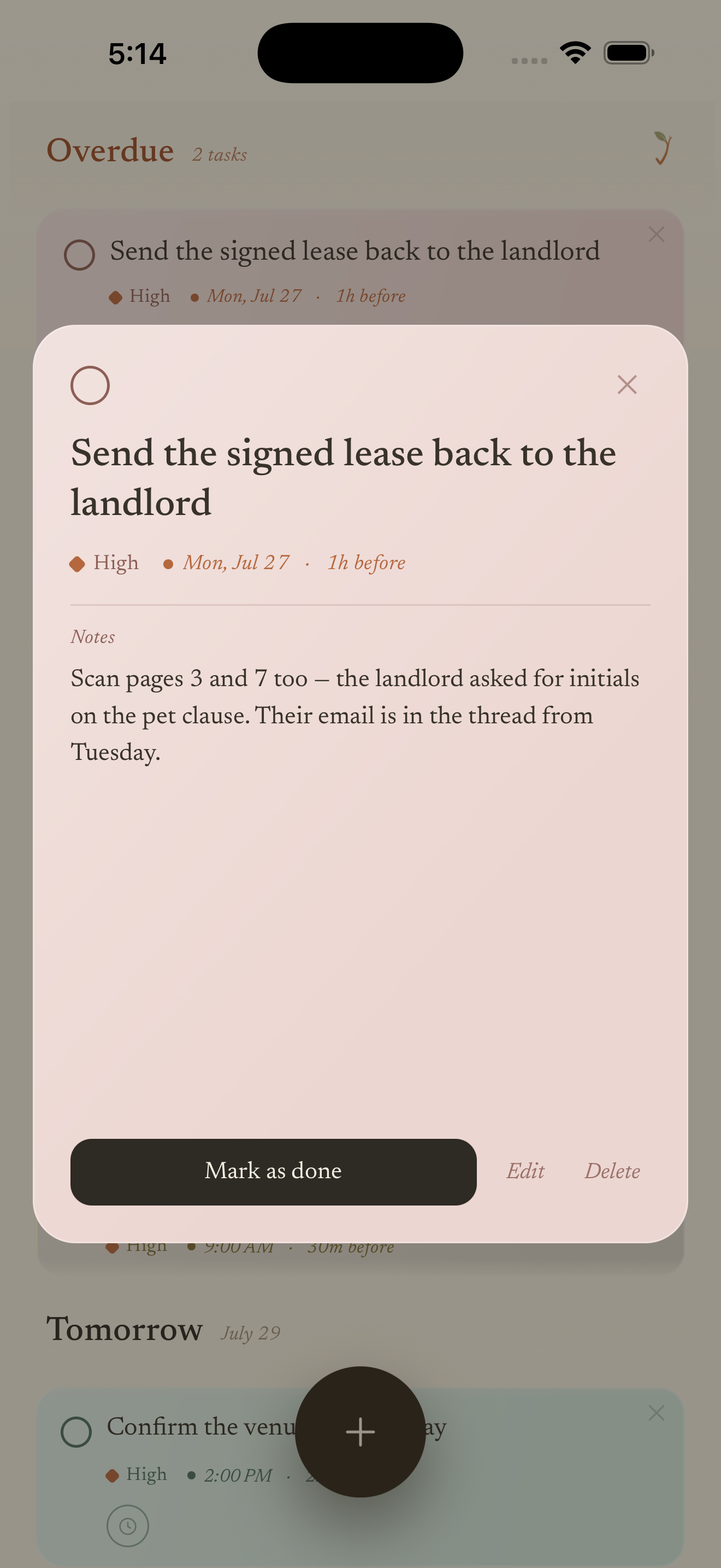 Tend — a task opened with notes, priority and a gentle reminder