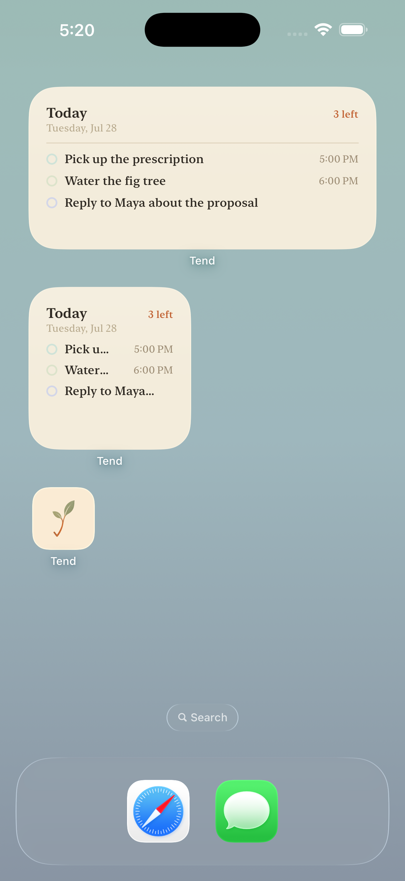 Tend — Home Screen widgets showing today's tasks