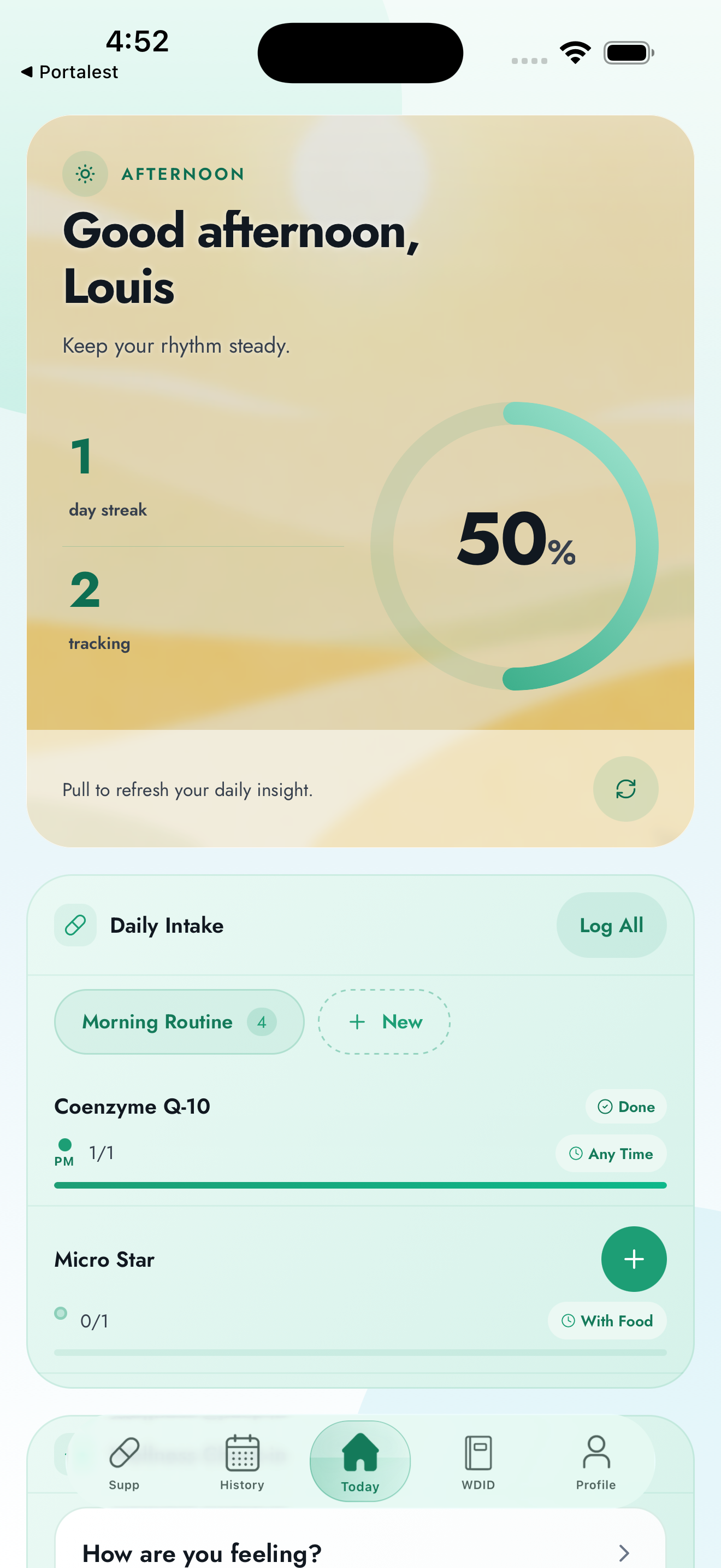 ViTrace app — today's intake